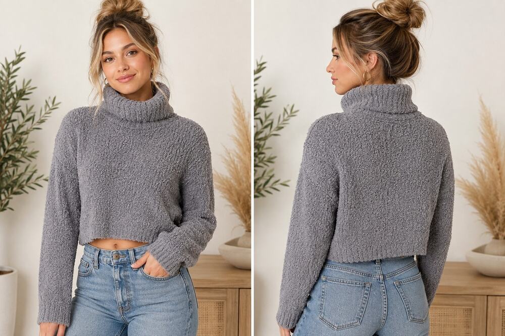 American Eagle Women’s Medium Blue Chenille Ribbed Mock Neck Cropped Sweater